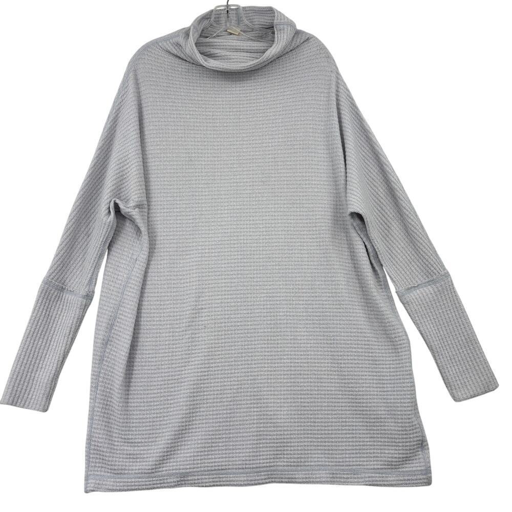 Free People Thermal Top Womens Size M Blue Ribbed Waffle Knit Turtleneck Tunic